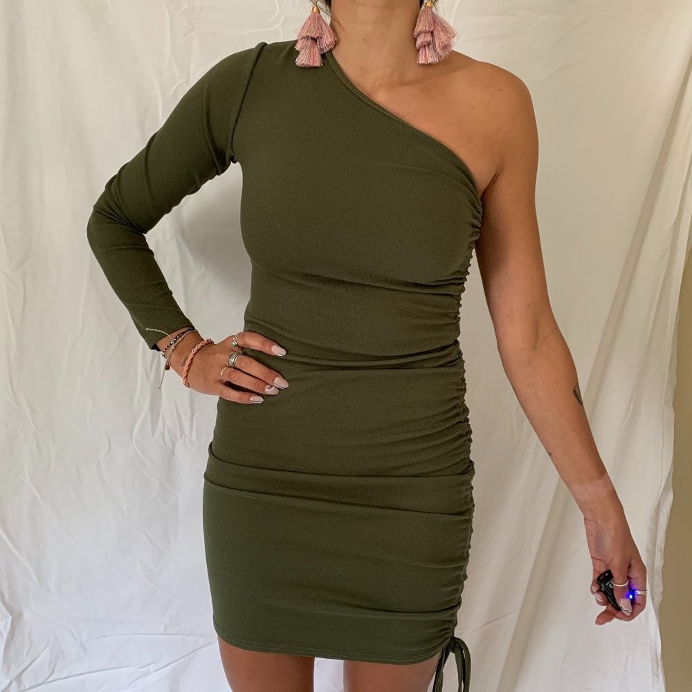 Olive Asymmetrical Ruched Bodycon Cocktail Dress